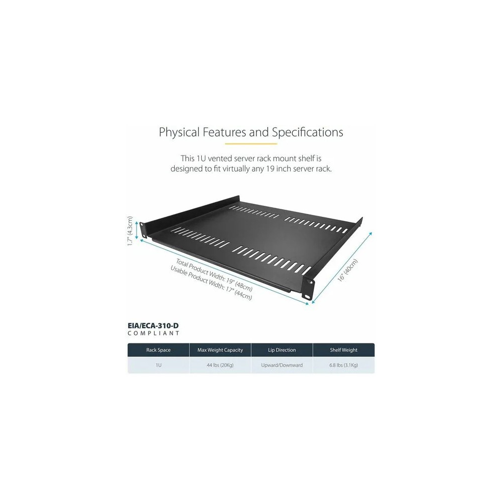 StarTech CABSHELF116V2PK 1U Server Rack Cabinet Shelf - Fixed 16" Deep Cantilever Rackmount Tray for 19" Data/AV/Network Enclosure w/Cage Nuts, Screws - 1U 19" Server rack cantilever vented shelf; 2-Pack - EIA/ECA-310 compliant for a universal 1 - Image 4