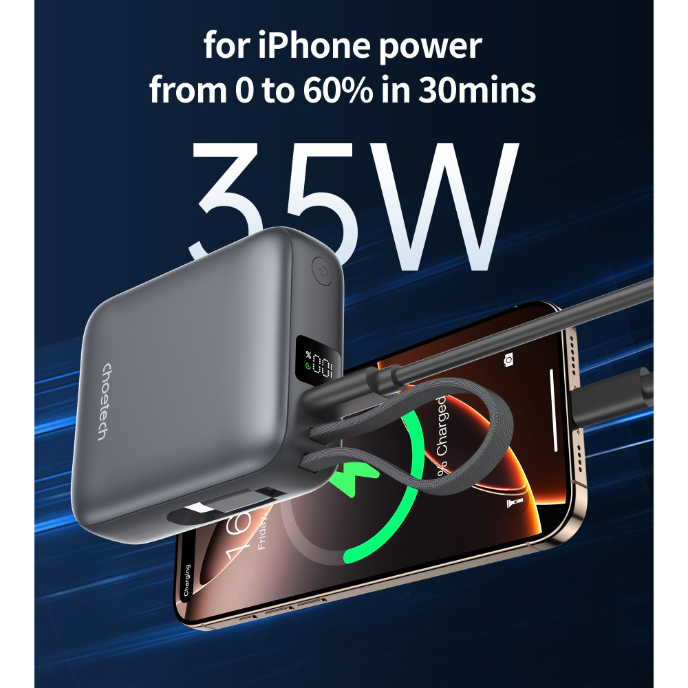 Choetech 6932112110329 B832-GY Mini 35W 10,000mAh Power Bank with LED Display + USB-C Cable Space Grey - Image 4