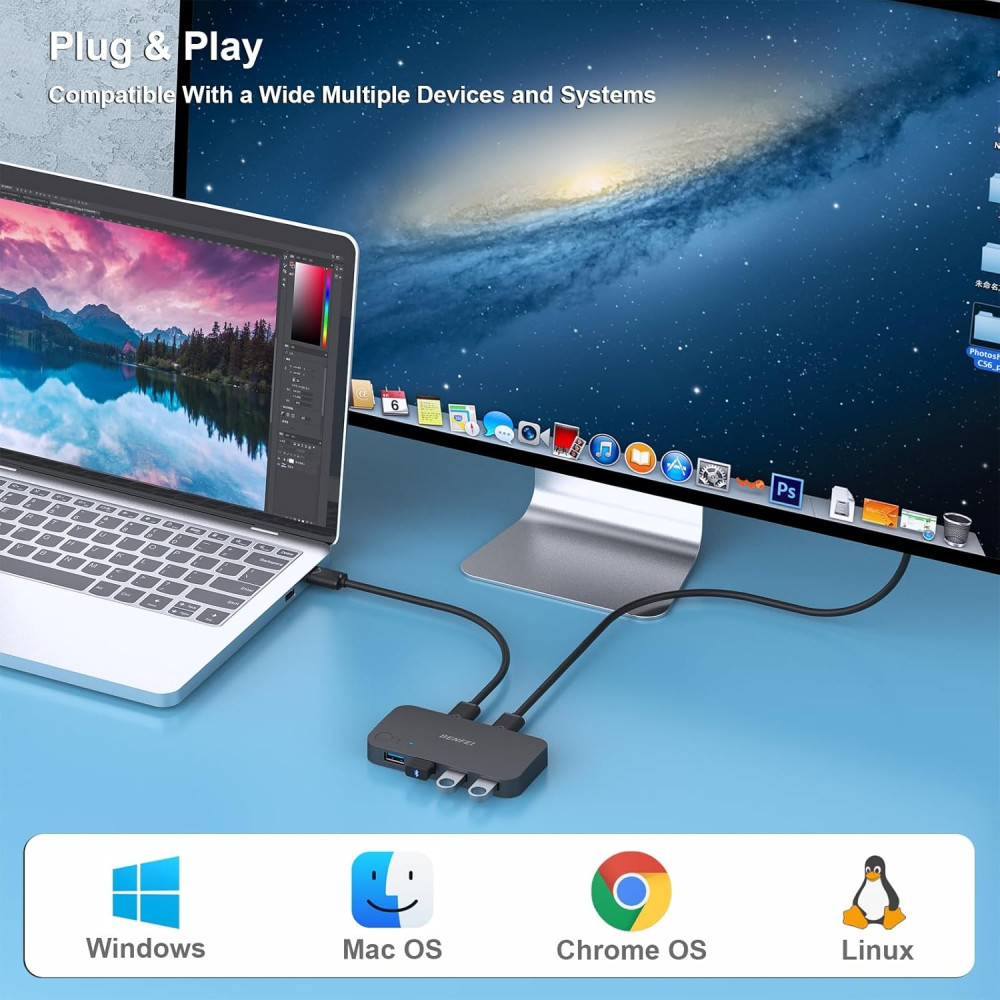 BENFEI 6971785943216 000354BK USB 3.0 Switch : 2 Computers Share 4 USB for PC / Mouse / Keyboard / Printer / Scanner