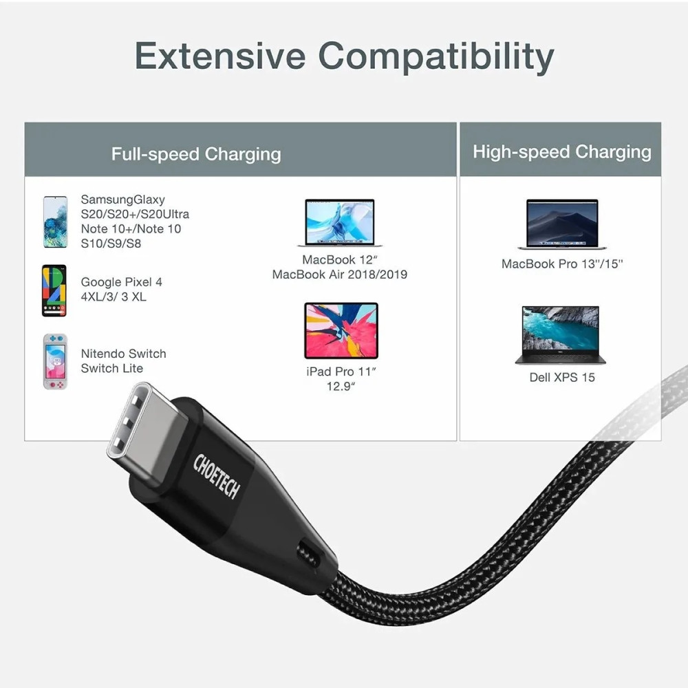 Choetech 6971824975673 XCC-1003 USB-C to USB-C Cable 60W 20V 3A Braided Fast Charging Cable 1.2M - Image 5