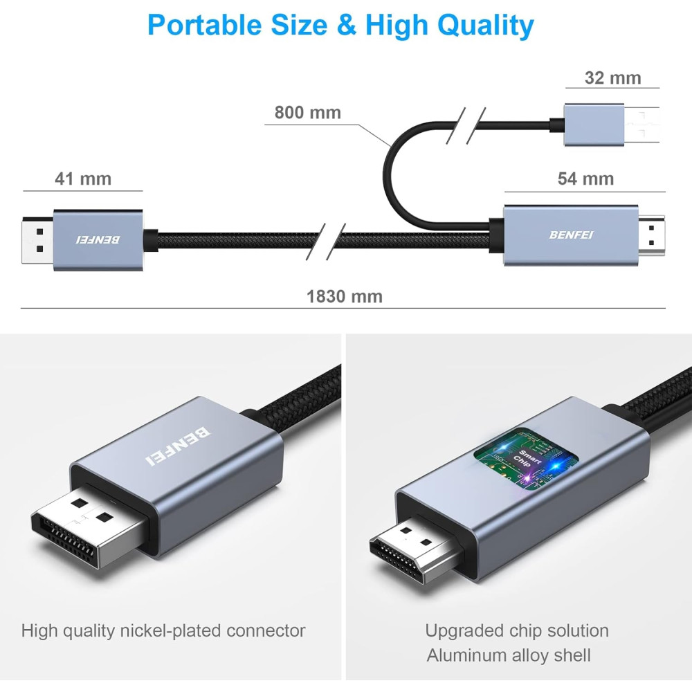 BENFEI B0BYK4H9QC 000344GY-6F HDMI to DisplayPort Unidirectional 4K Active Cable with USB Powered 1.8M - Image 5