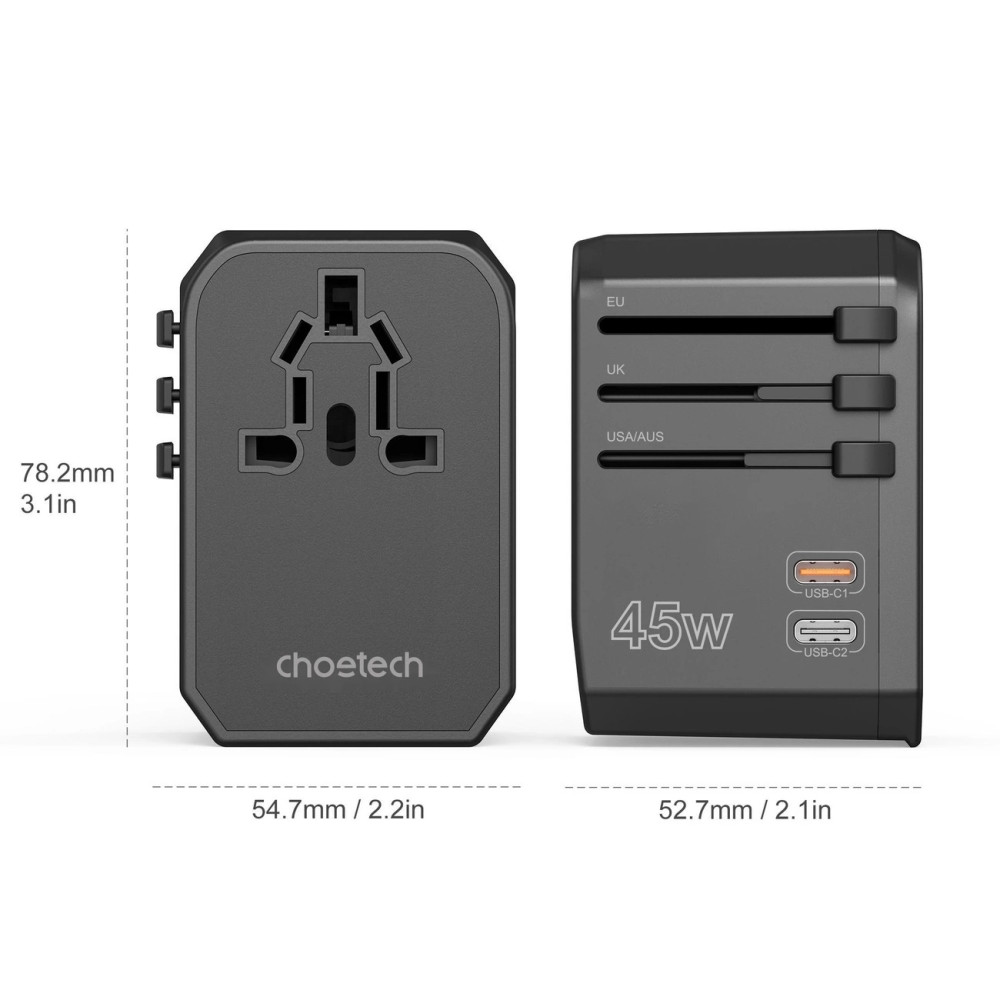 Choetech 6932112106209 PD6045 GaN Tech 2C+2A 45W Travel Adapter with US EU UK AU Plugs - Black - Image 10