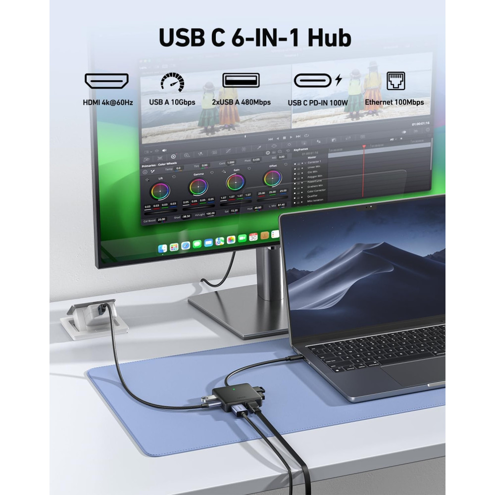 BENFEI 6971785944756 000399BK 6 In 1 USB-C HUB to HDMI (8K) + USB3.2 (10Gbps) +USB2.0 x 2 + PD100W + RJ45 Black - Image 3
