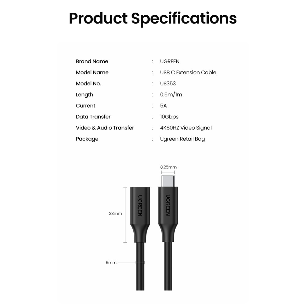 UGREEN 6957303813872 10387 USB-C PD100W / Thunderbolt3 Male to Female Extension Cable 1m (Black) - Image 11