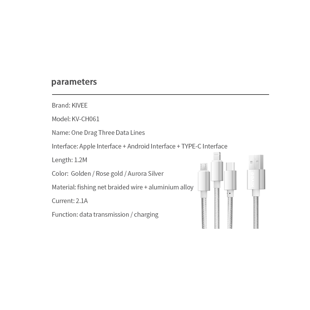 KIVEE 6971239570906 CH061 USB-A to Multi Charger Cable 3 in 1 Nylon Braided 1.2M Silver - Image 4