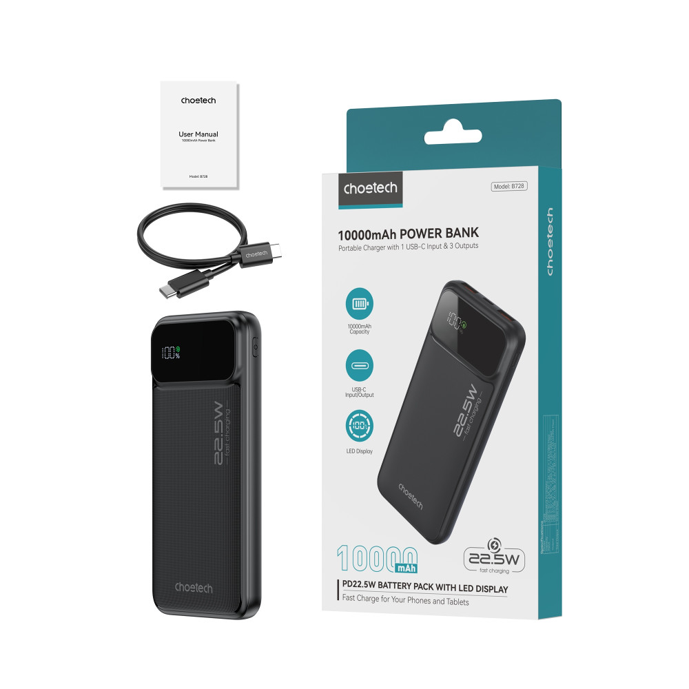 Choetech 6932112107336 B728 10000mAh Power Bank PD22.5W with Digital Display Black - Image 11