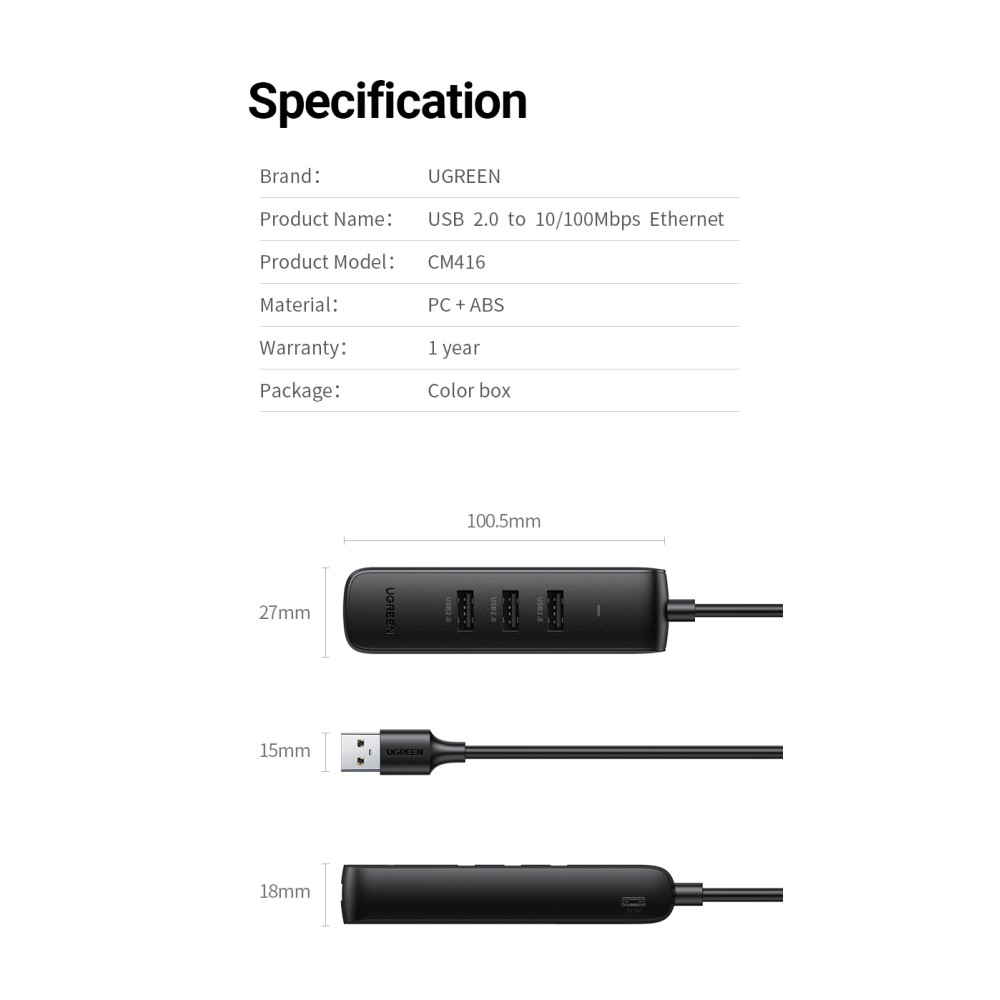 UGREEN 6957303829842 20984 USB-A to 10/100 Mbps RJ45 Ethernet Adapter + 3 port USB-A HUB - Image 6