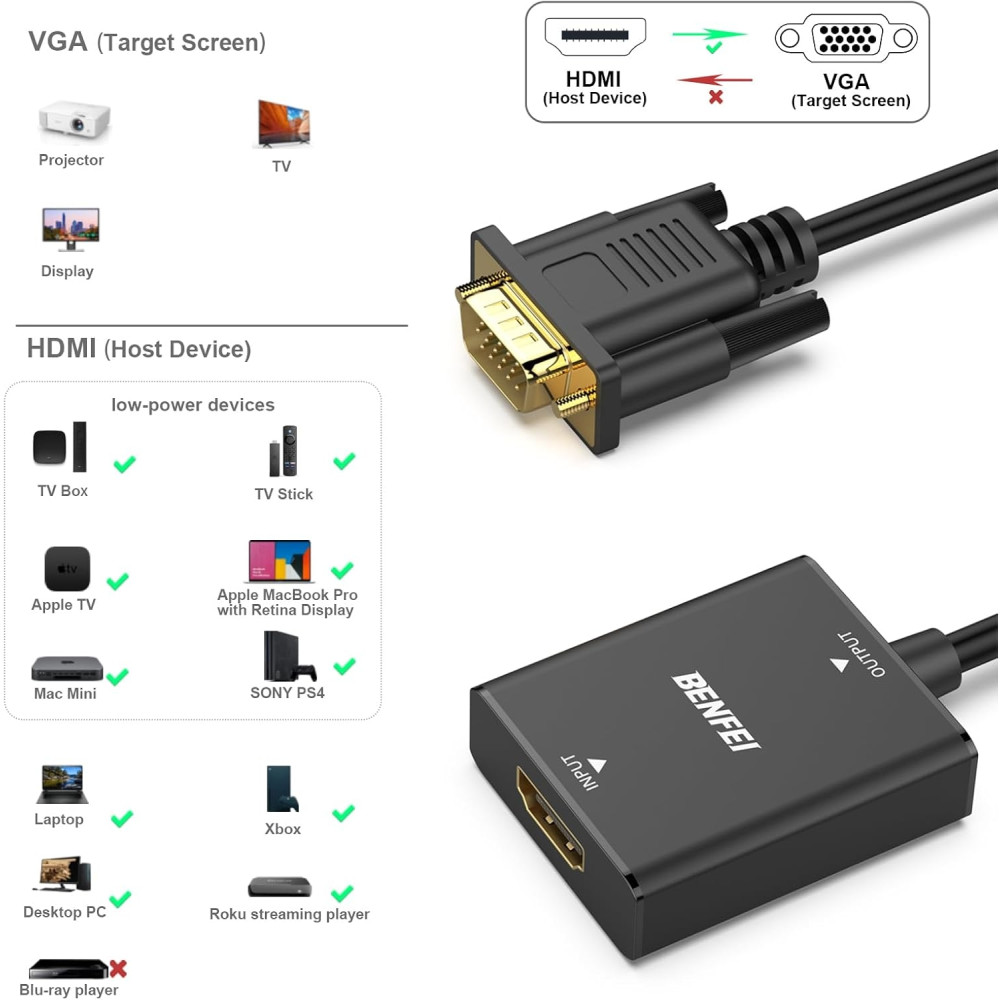 BENFEI B07XZ22KCD 000272BK HDMI Female to VGA Male with 3.5mm Audio Jack, Uni-Directional Adapter Black - Image 5