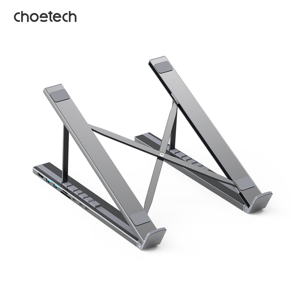 Choetech 6932112104281 HUB-M48 7in1 HUB + Foldable Laptop stand USB-C to (HDMI 4K/USB-A*2/TF&SD/USB-C x 1 with PD Charging) Grey - Image 1