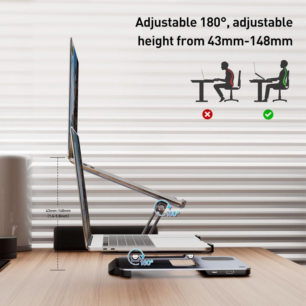 BENFEI 6971785943414 000366GY Laptop Stand with USB C Hub, Multi Function With USB and KVM Switch and 15W Wireless Charger - Image 6