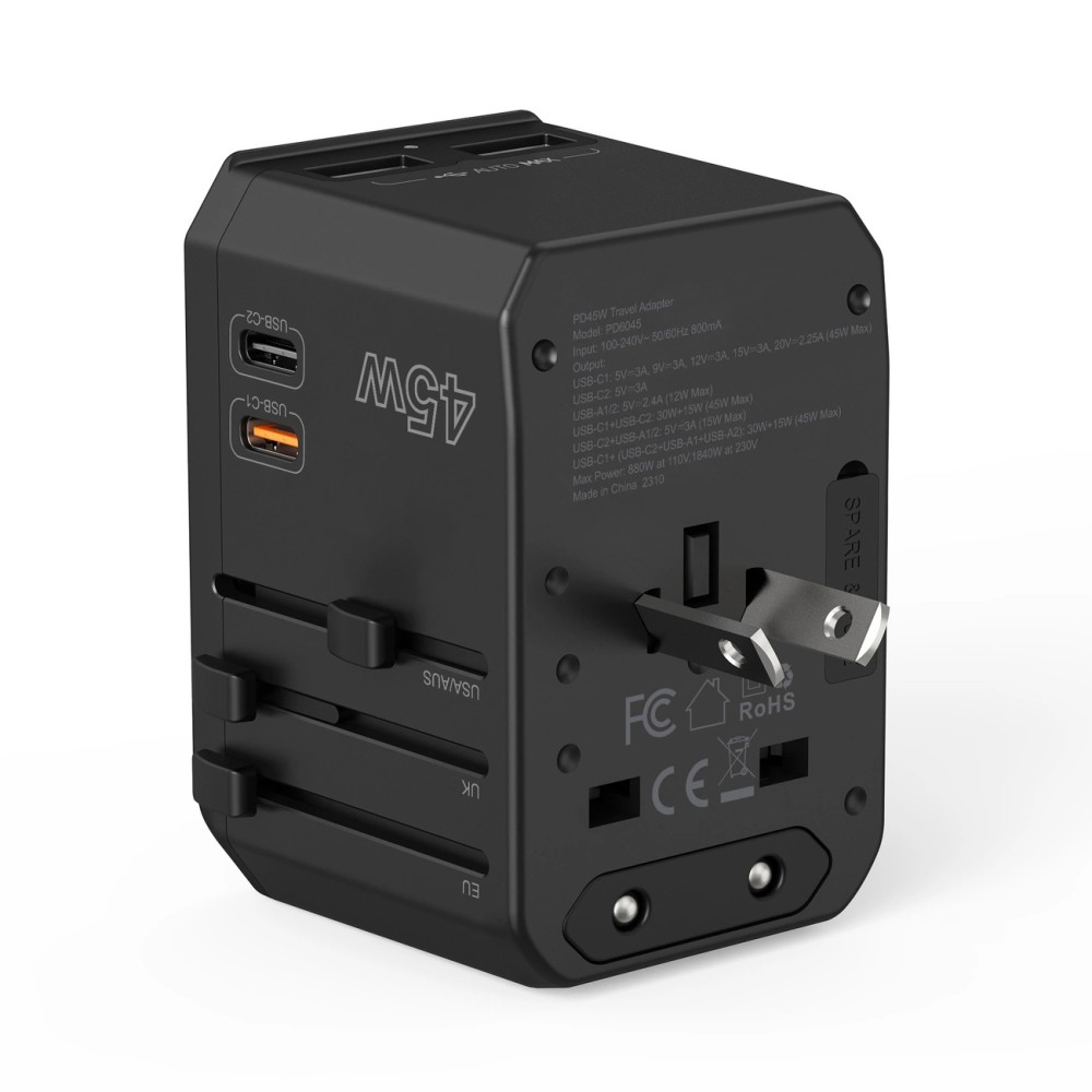 Choetech 6932112106209 PD6045 GaN Tech 2C+2A 45W Travel Adapter with US EU UK AU Plugs - Black - Image 8