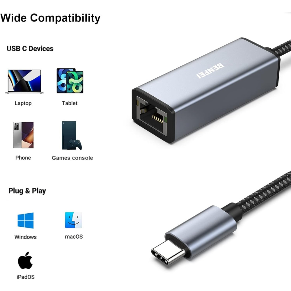 BENFEI B07XTGKP5M 000269GY Thunderbolt 3 USB-C to Ethernet RJ45 Adapter - Image 4