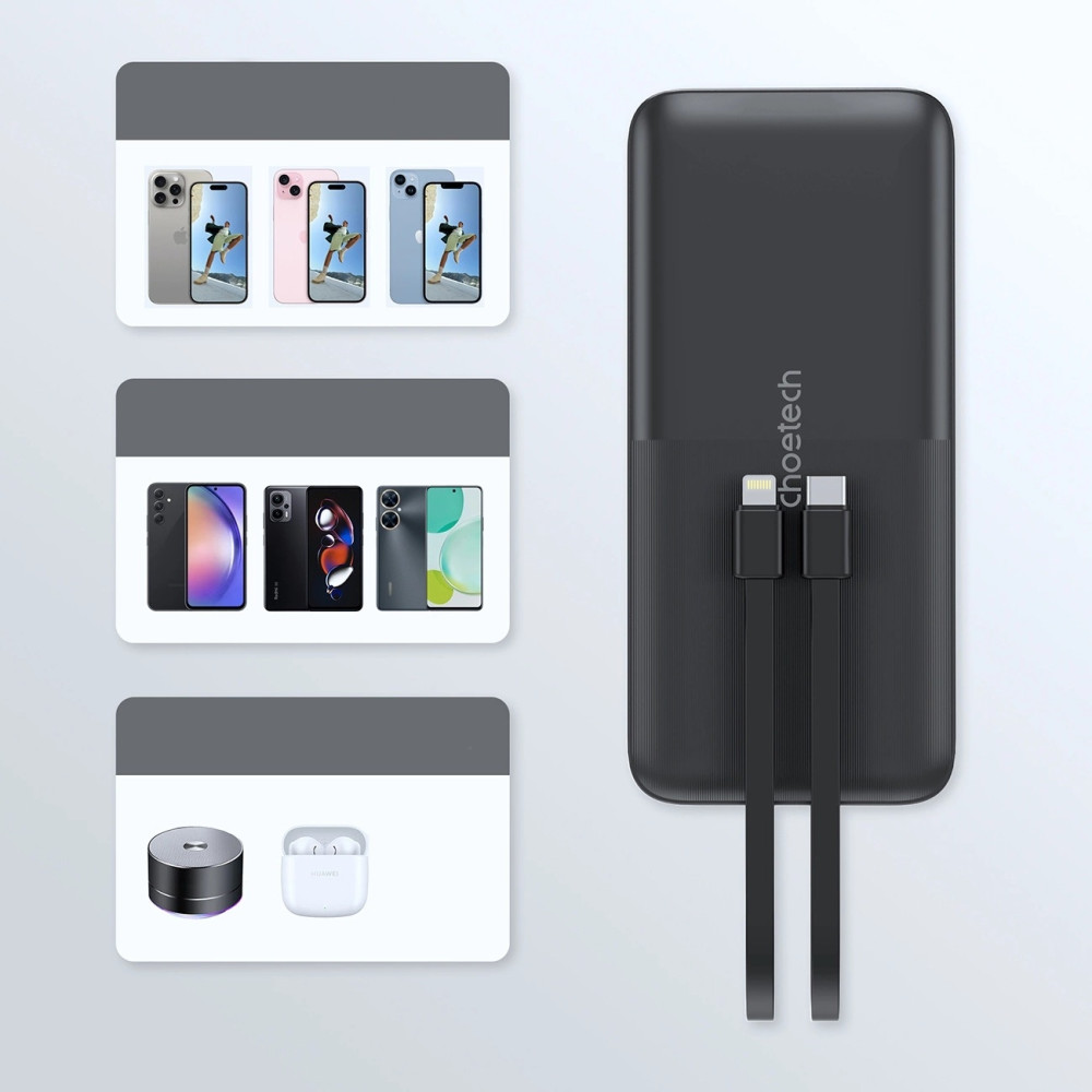 Choetech 6932112106087 B654 10000mAh Pwer Bank 22.5W USB-A / USB-C / micro USB with built-in USB-C / Lightning cable - black - Image 5