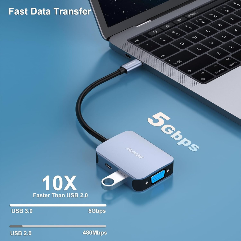 BENFEI B0CJPR27KX 000310GY USB-C 4in1 HUB - USB-C to HDMI / VGA / USB3.0 / USB-C PD Adapter Compatible with MacBook / Surface Book / Pixelbook - Image 4