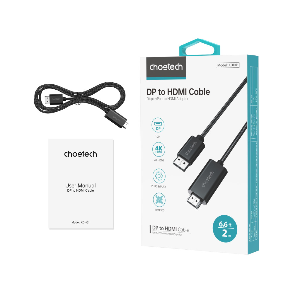 Choetech 6932112105516 XDH01 4K@60Hz DP to HDMI Cable Braided DisplayPort to HDMI 2M - Image 10