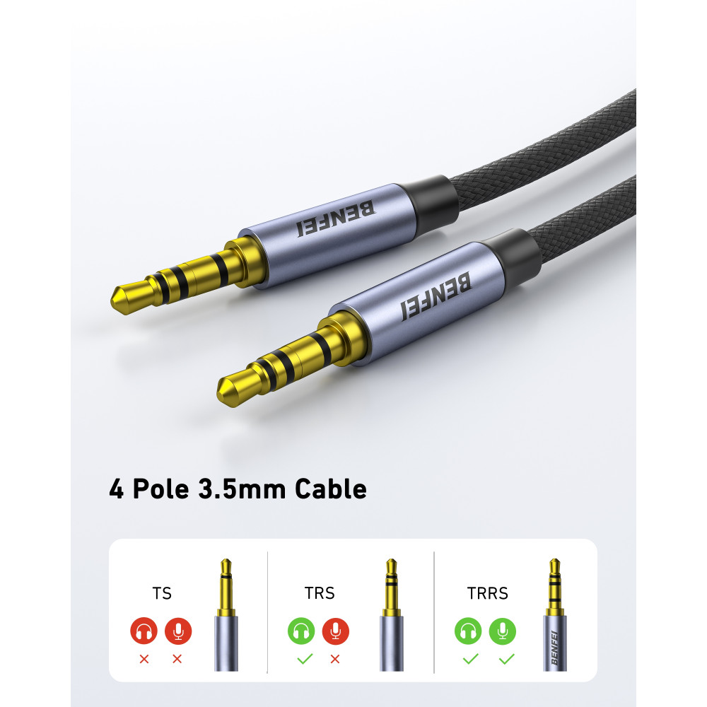 BENFEI 6971785944565 000427GY-2M 3.5mm TRRS Male to Male Audio Cable, 4-Pole Stereo Mic Aux Cable, Nylon Braided Headphone Jack Cord - Image 2