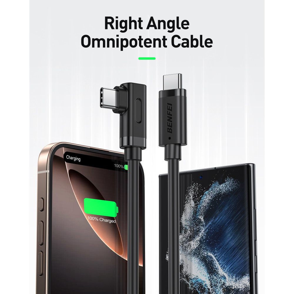 BENFEI 6971785944510 000428BK-3M USB-C to Right Angle USB-C Cable , 90° Angled USB-C 3A Fast Charging Cable Data Sync, Durable PVC Black 3M - Image 3