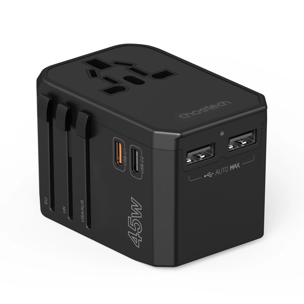Choetech 6932112106209 PD6045 GaN Tech 2C+2A 45W Travel Adapter with US EU UK AU Plugs - Black - Image 3