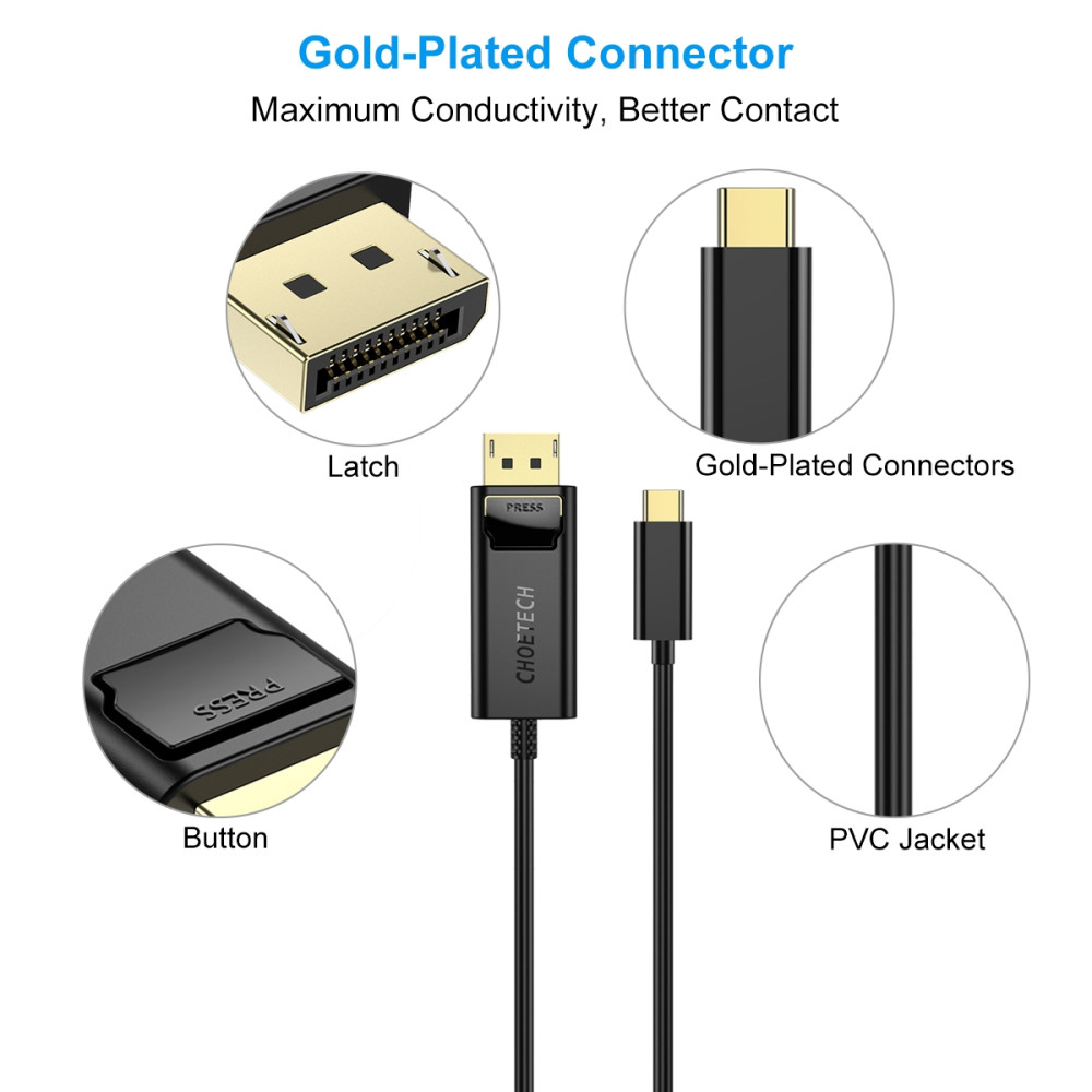 Choetech 6971824971569 XCP-1801 USB-C to DP 4K@60Hz Cable 1.8M Thunderbolt 3 Gold Plated - Image 3