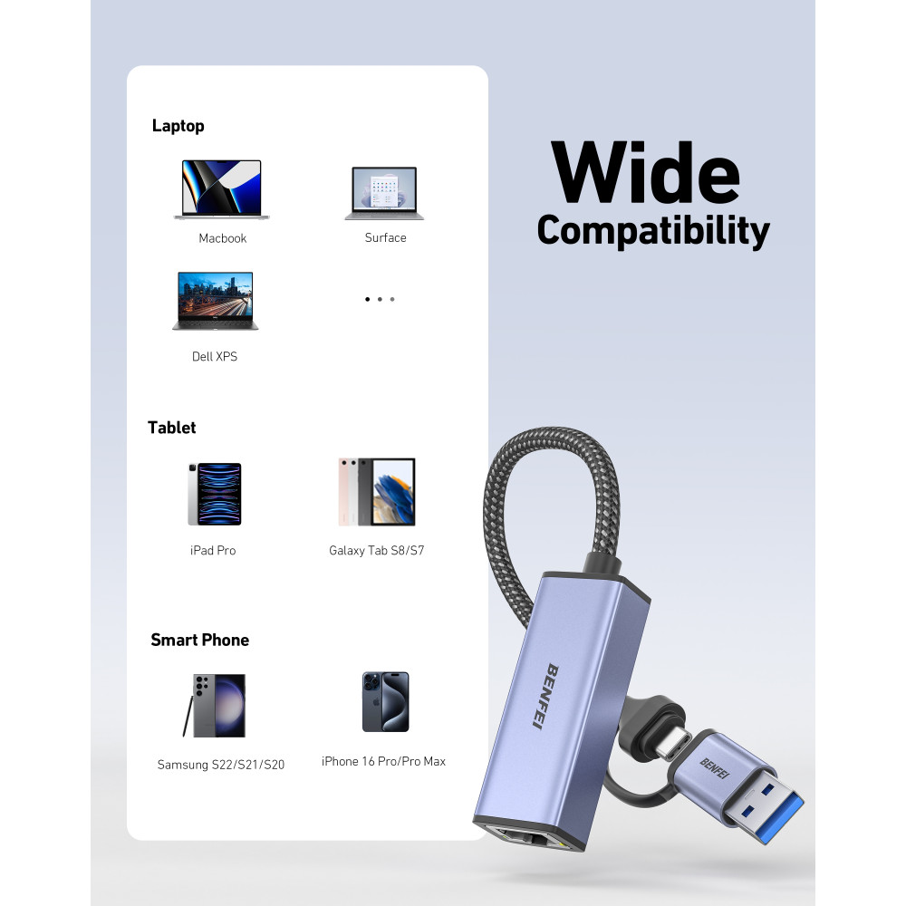 BENFEI 6971785942059 000317GY USB 3.0 to Ethernet Adapter, USB C to RJ45 Gigabit LAN (1000Mbps) Network Adapter - Image 7