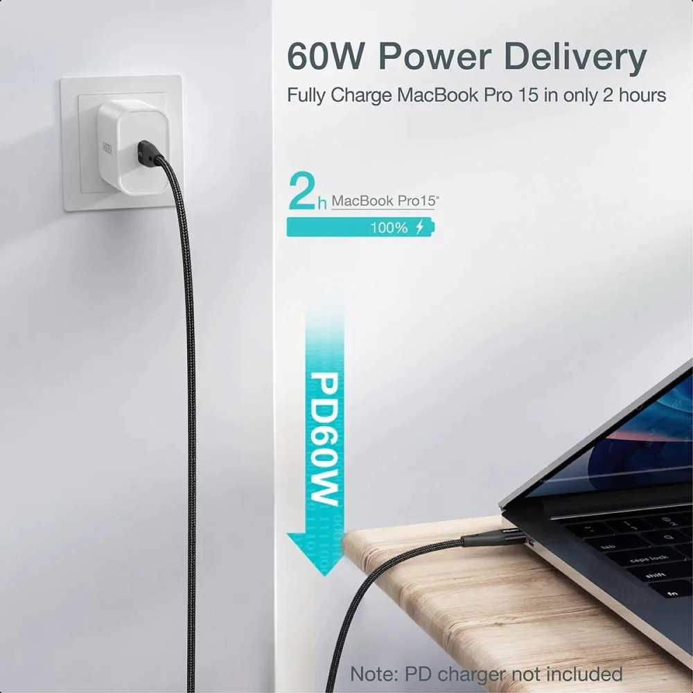 Choetech 6971824975673 XCC-1003 USB-C to USB-C Cable 60W 20V 3A Braided Fast Charging Cable 1.2M - Image 3