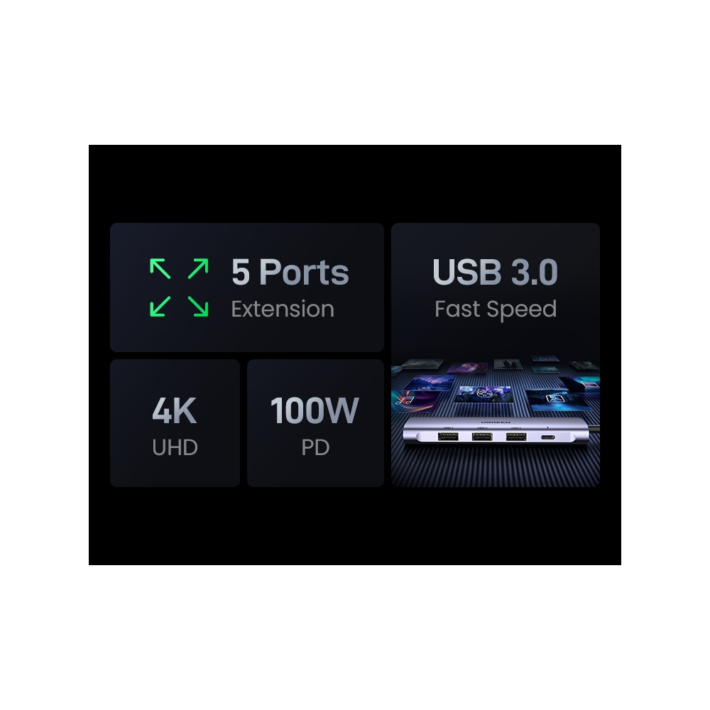 UGREEN 6957303852093 50209 USB Type C 5 in 1 Multifunction Adapter- HDMI+USB3.0*3+Type C PD Power converter - Image 2