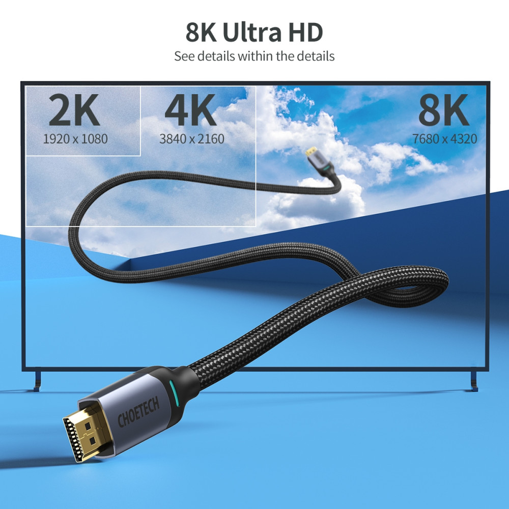 Choetech 6971824976281 XHH01 8K HDMI 2.1 Cable 48Gbps 8K@60Hz 2M Braided for PS5 Xbox - Image 4