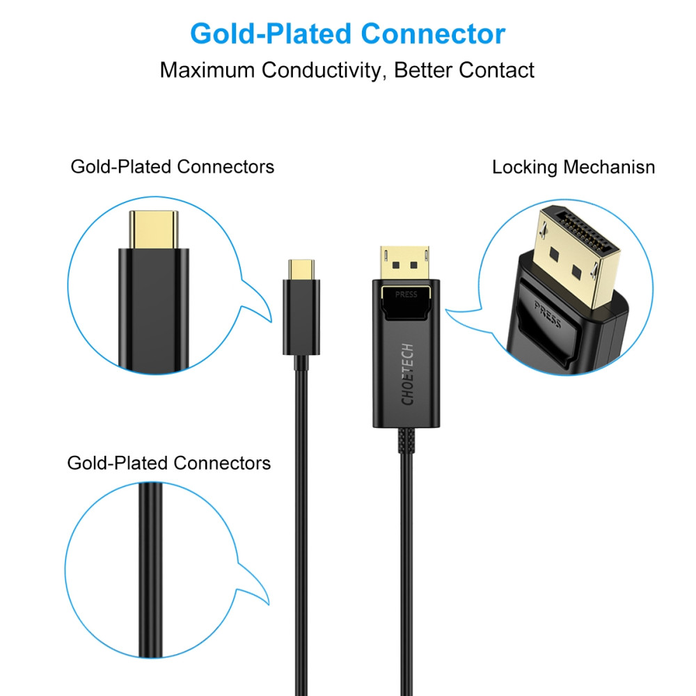 Choetech 6971824971569 XCP-1801 USB-C to DP 4K@60Hz Cable 1.8M Thunderbolt 3 Gold Plated - Image 5