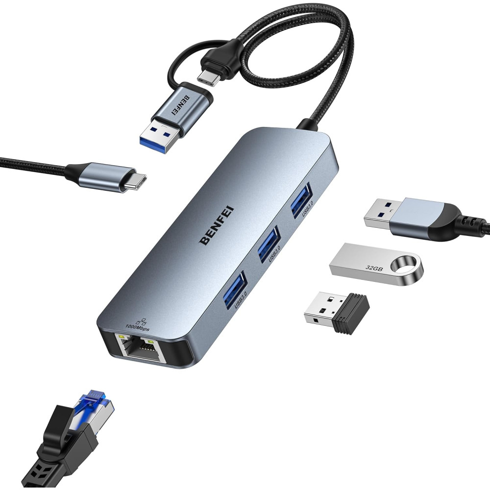 BENFEI 6971785943582 000386GY USB-C + USB 3.0 to Gigabit RJ45 + 3 Port USB 3.0 Hub Compatible with Mac - Image 1