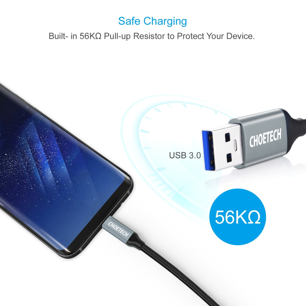 Choetech 6971824971316 AC0007-102GY USB3.0 to USB-C Braided Cable 2M - Image 3