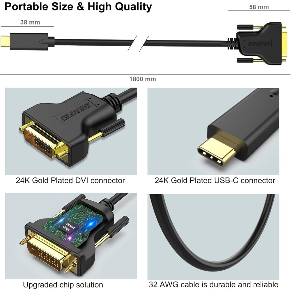 BENFEI B07HFDDGQ2 000205BK USB-C to DVI Cable 1.8M Thunderbolt 3 for MacBook, Samsung, Surface Book 2, Dell, Pixelbook and More - Image 6