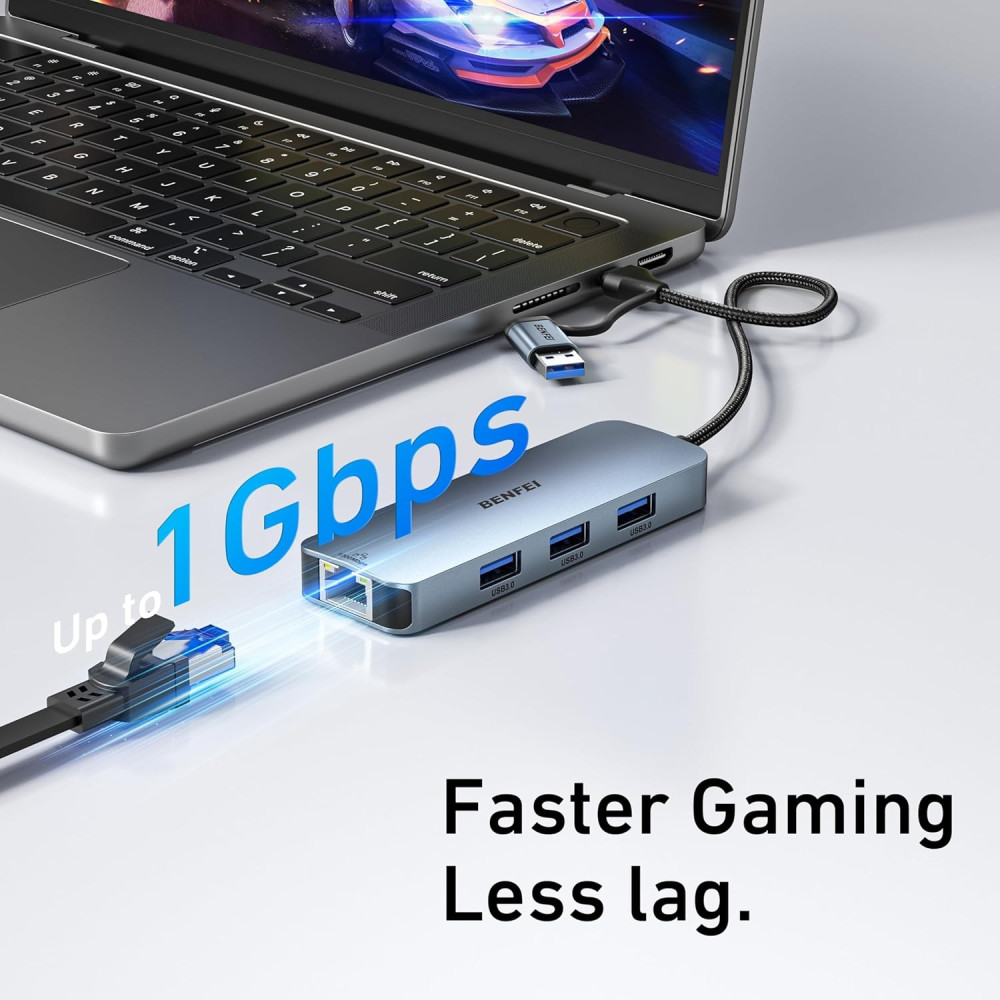 BENFEI 6971785943582 000386GY USB-C + USB 3.0 to Gigabit RJ45 + 3 Port USB 3.0 Hub Compatible with Mac - Image 5