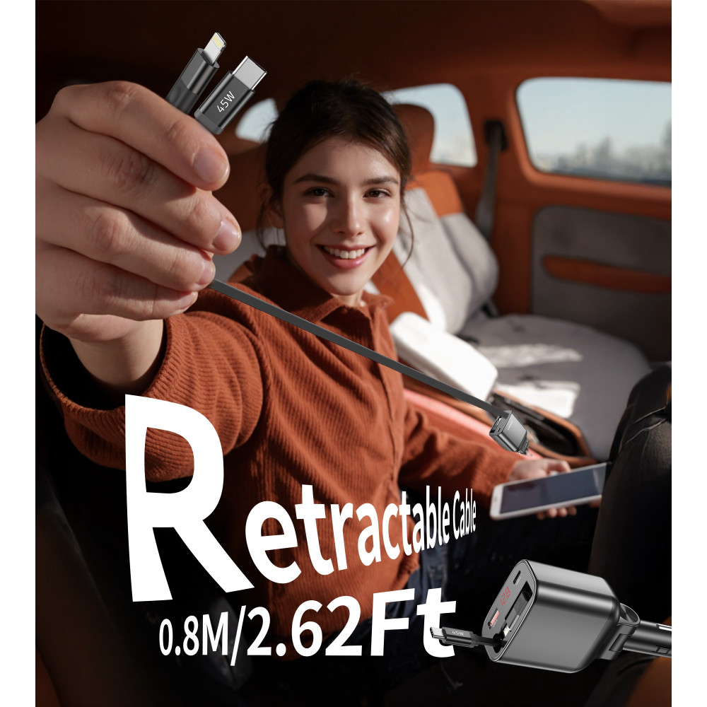 Choetech 6932112110602 TC0033 105W USB-C+USB-A Fast car charger with Stretchable USB-C + Lightning cables - Image 6