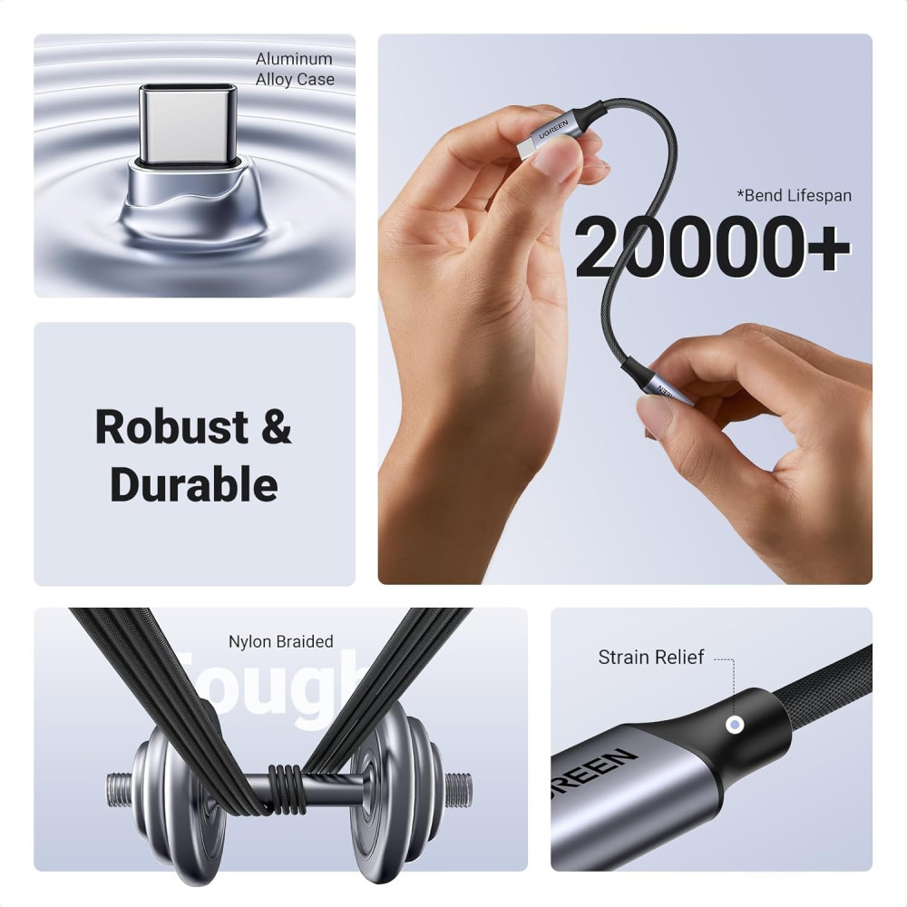 UGREEN 6957303881543 80154 USB-C to 3.5mm M/F Cable Braided 10cm Support Samsung & I-phone 15/16/17 (Space Gray) - Image 3