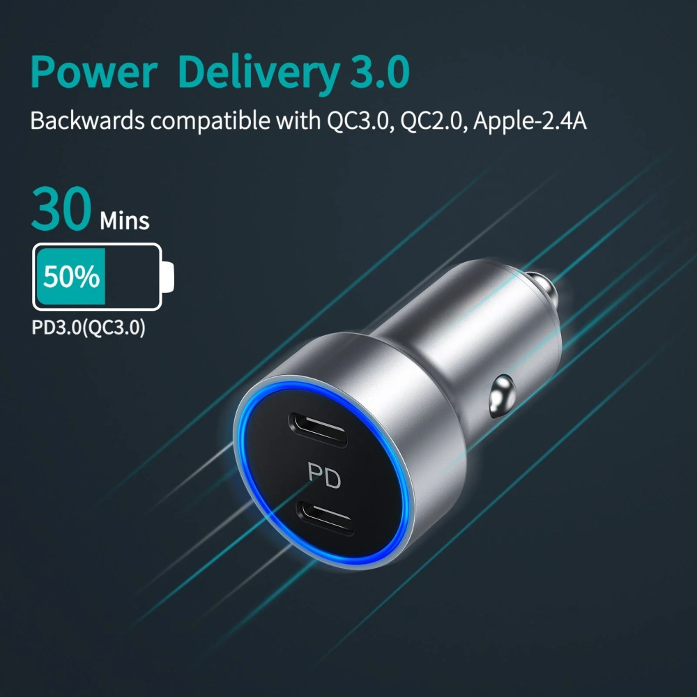 Choetech 6971824979718 C0054-SL Dual Port PD 40W USB-C Car Charger Adapter Silver - Image 2
