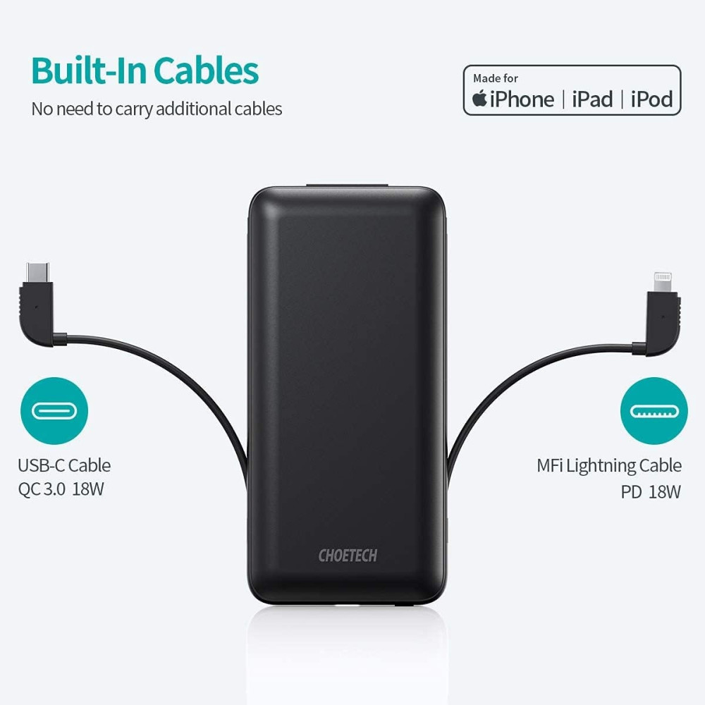 Choetech 6971824976045 B688-BK 10000mAh MFi Certified PD18W Power Bank (with 2 cables) - Image 4