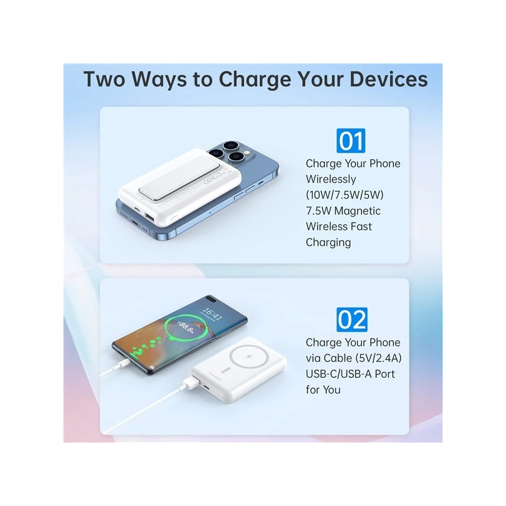 Choetech 6932112105196 B662-WT USB-A + USB-C + Wireless Magnetic Power bank 5000mAh (White ) - Image 5