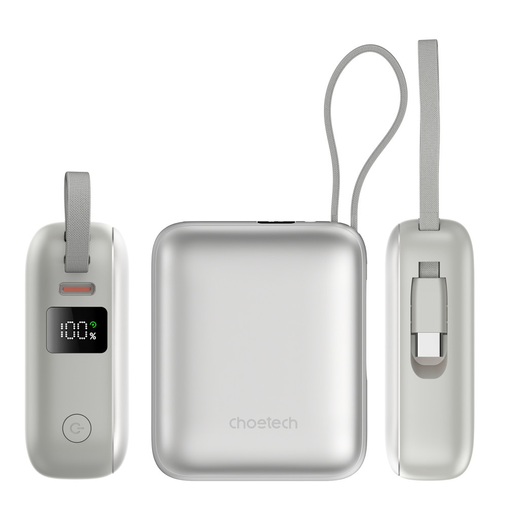 Choetech 6932112110336 B832-SL Mini 35W 10,000mAh Power Bank with LED Display + USB-C Cable Silver - Image 3