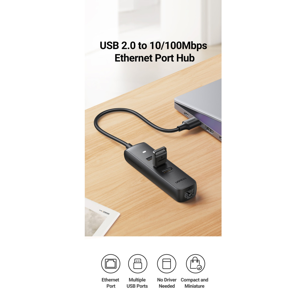 UGREEN 6957303829842 20984 USB-A to 10/100 Mbps RJ45 Ethernet Adapter + 3 port USB-A HUB - Image 3