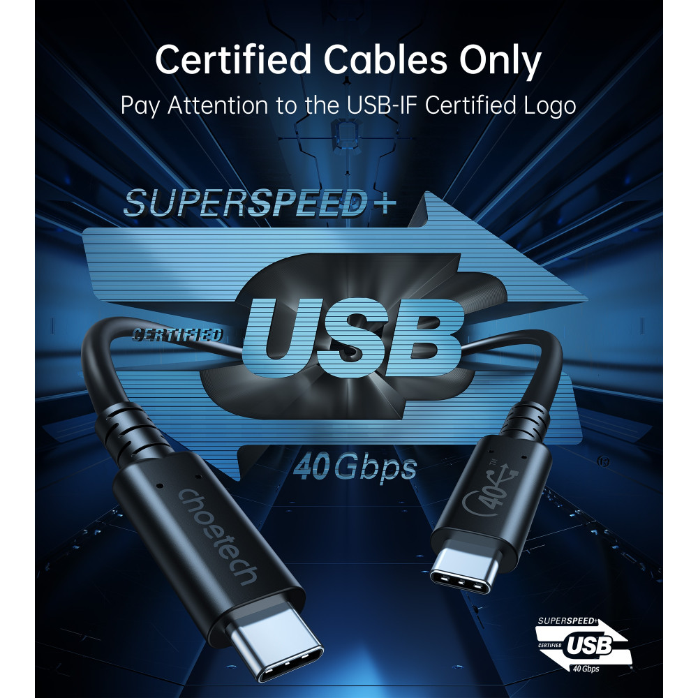 Choetech 6971824979251 XCC-1028 USB4 Gen3 40Gbps 100W 8K USB-C Cable 0.8m Braided Black - Image 2