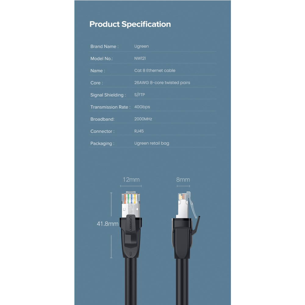UGREEN 6957303871728 70172 Cat8 Cable - Pure Copper Patch Cord 5M (Black) - Image 7