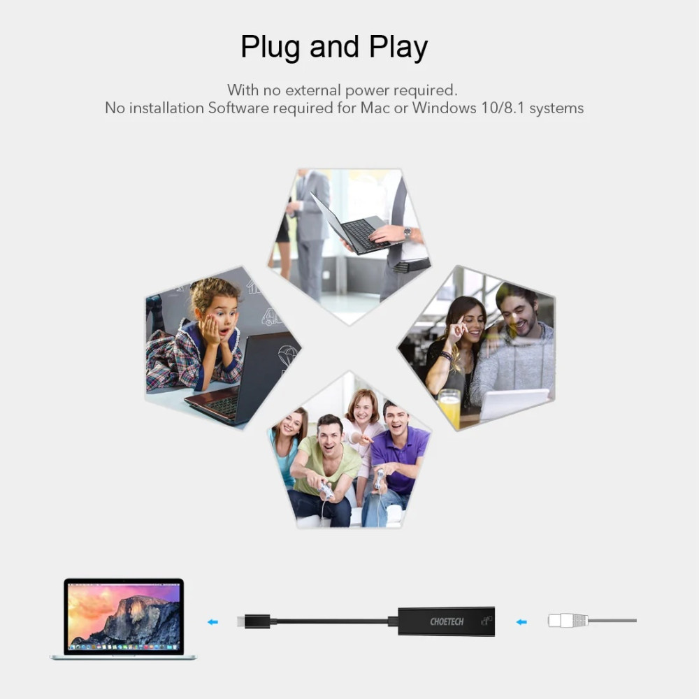 Choetech 6971824970555 HUB-R01 USB C to Ethernet Adapter USB 3.1 Type C to RJ-45 10/100/1000 Gigabit Ethernet LAN - Image 5