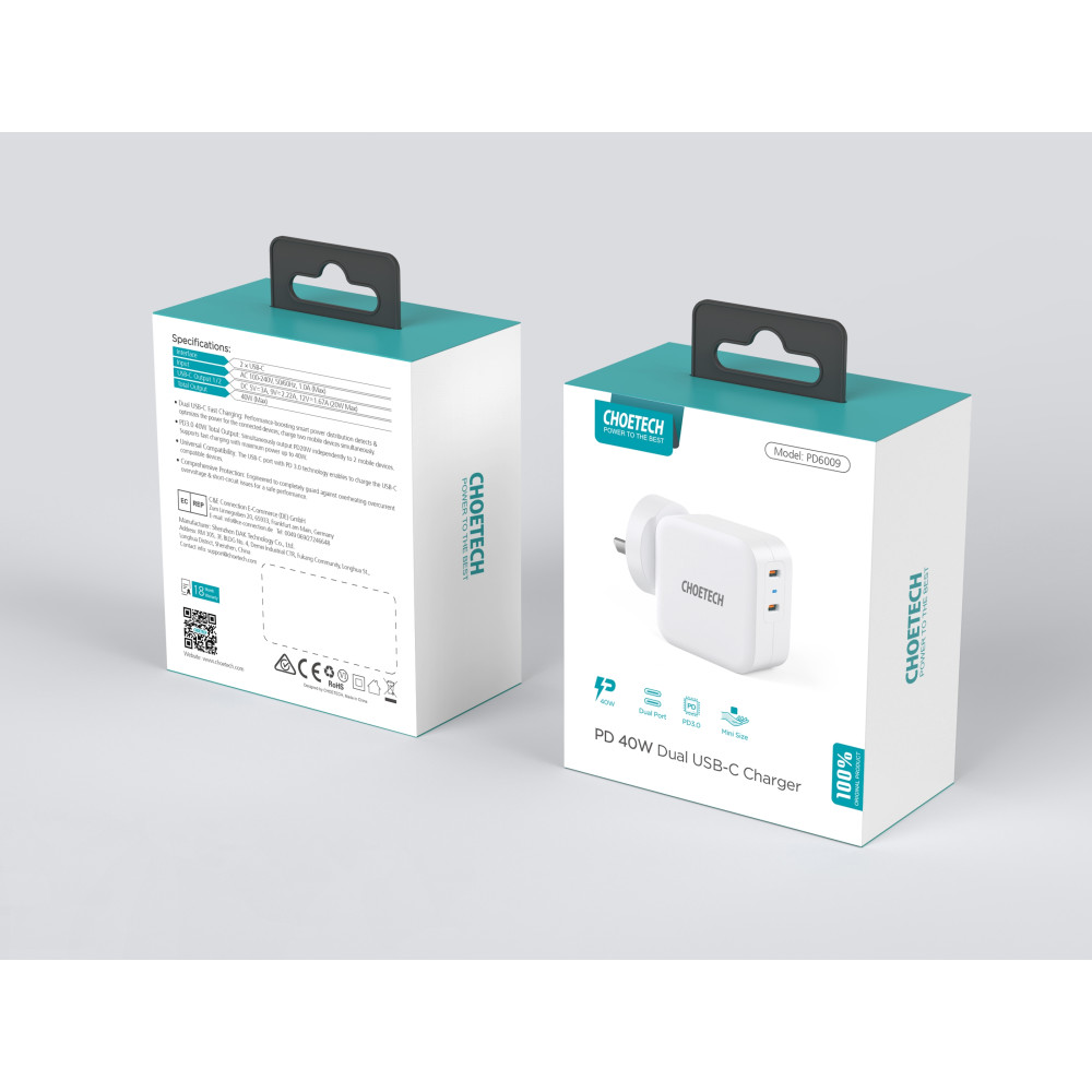 Choetech 6971824979091 PD6009 40W Fast Charging Dual Ports AC Adapter - PD 20W x 2 White - Image 3