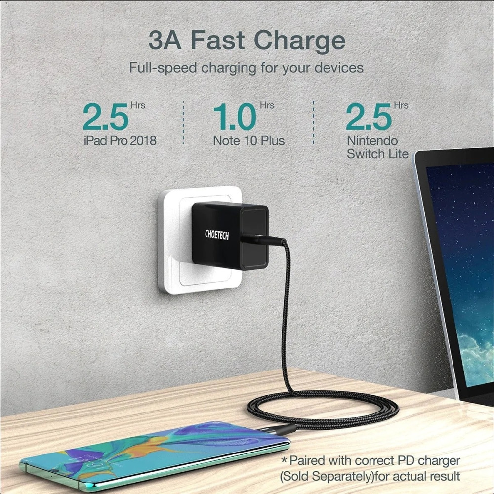 Choetech 6971824975994 XCC-1004 USB-C to USB-C Cable 60W 20V 3A Braided Fast Charging Cable 2M - Image 4