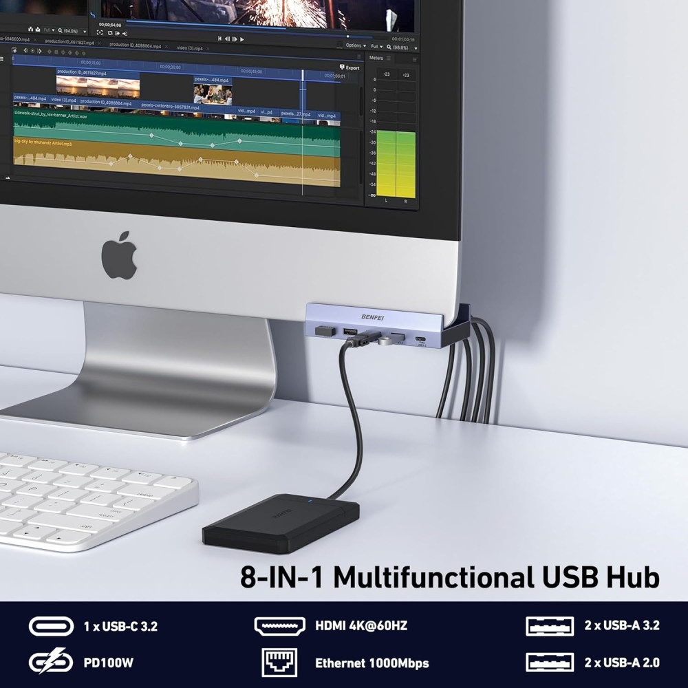 BENFEI 6971785944787 000396GY USB-C 8 in 1 Hub with Secure Clamp - 4K/60Hz HDMI + USB-C(10G)+ 2 * USB2.0 + 2 * USB3.0 + RJ45 +PD100W - Image 4