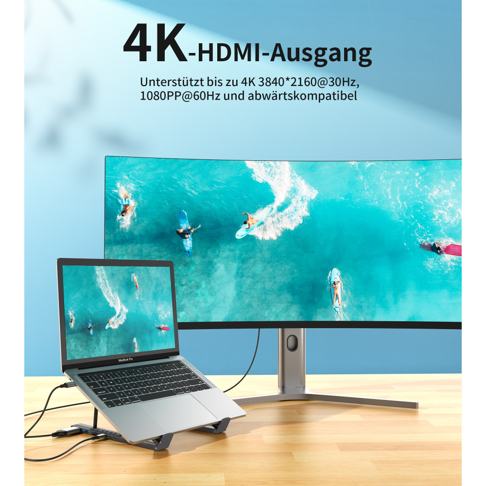 Choetech 6932112104281 HUB-M48 7in1 HUB + Foldable Laptop stand USB-C to (HDMI 4K/USB-A*2/TF&SD/USB-C x 1 with PD Charging) Grey - Image 4