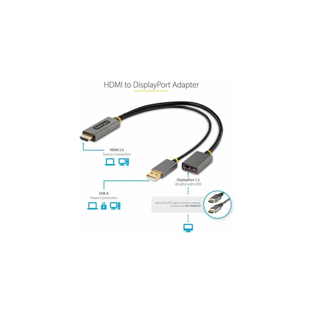StarTech 128-HDMI-DISPLAYPORT 1ft (30cm) HDMI to DisplayPort Adapter, 4K 60Hz HDR HDMI Source to DP Monitor, USB Bus Powered, HDMI 2.0 to DisplayPort 1.2 - 1ft HDMI to DisplayPort Adapter converts and boosts any HDMI 2.0 source to a DP 1.2 outpu - Image 3