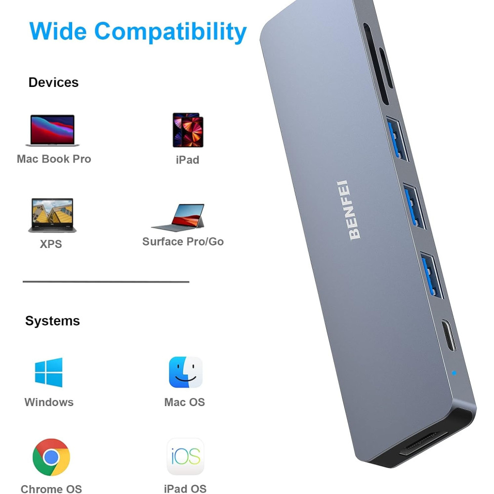 BENFEI 6971785943032 000307GY USB-C 7in1 Multi-port HUB with USB-C to HDMI, SD/TF Card Reader/3*USB 3.0/60W PD