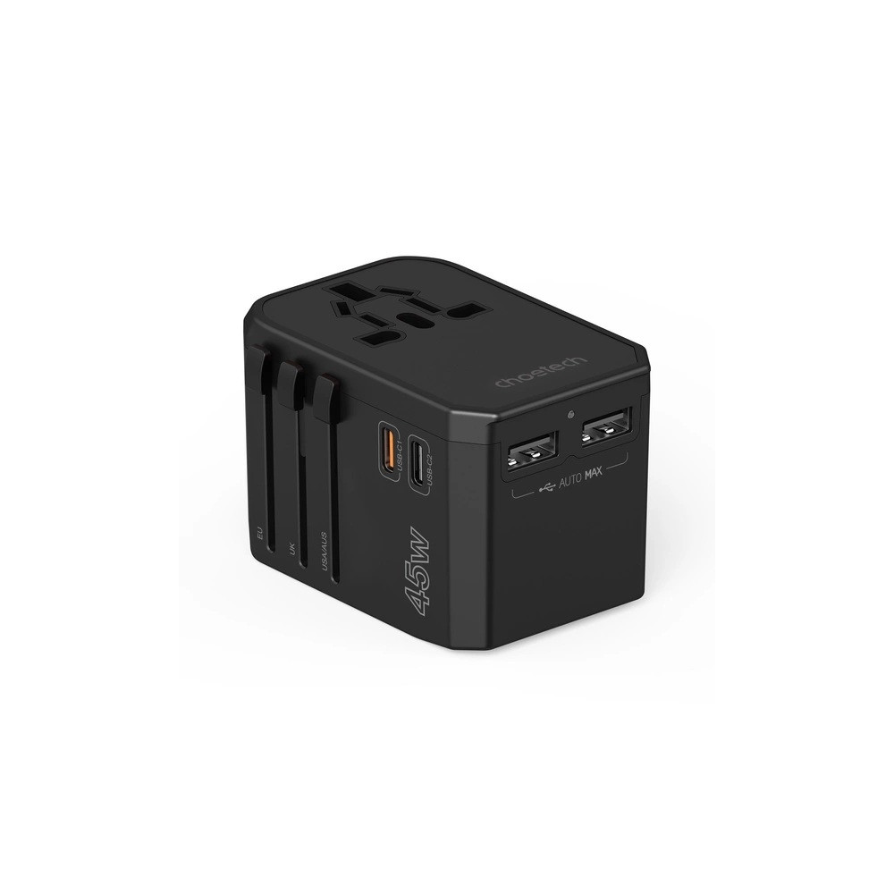 Choetech 6932112106209 PD6045 GaN Tech 2C+2A 45W Travel Adapter with US EU UK AU Plugs - Black - Image 1