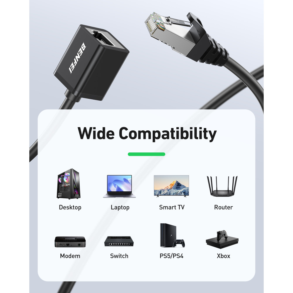 BENFEI 6971785944701 000435BK-2M RJ45 Cat 6 Ethernet M to F Extender Cable, Gigabit POE 26AWG 2M Black - Image 4